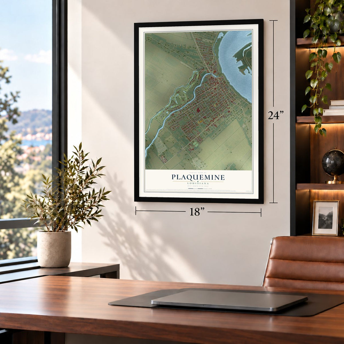 Plaquemine, Louisiana map, 18 x 24 inch print in a black frame in a home office