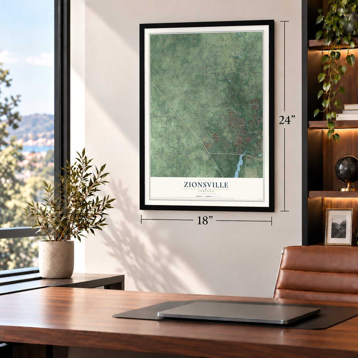 Zionsville, Indiana map, 18 x 24 inch print in a black frame in a home office