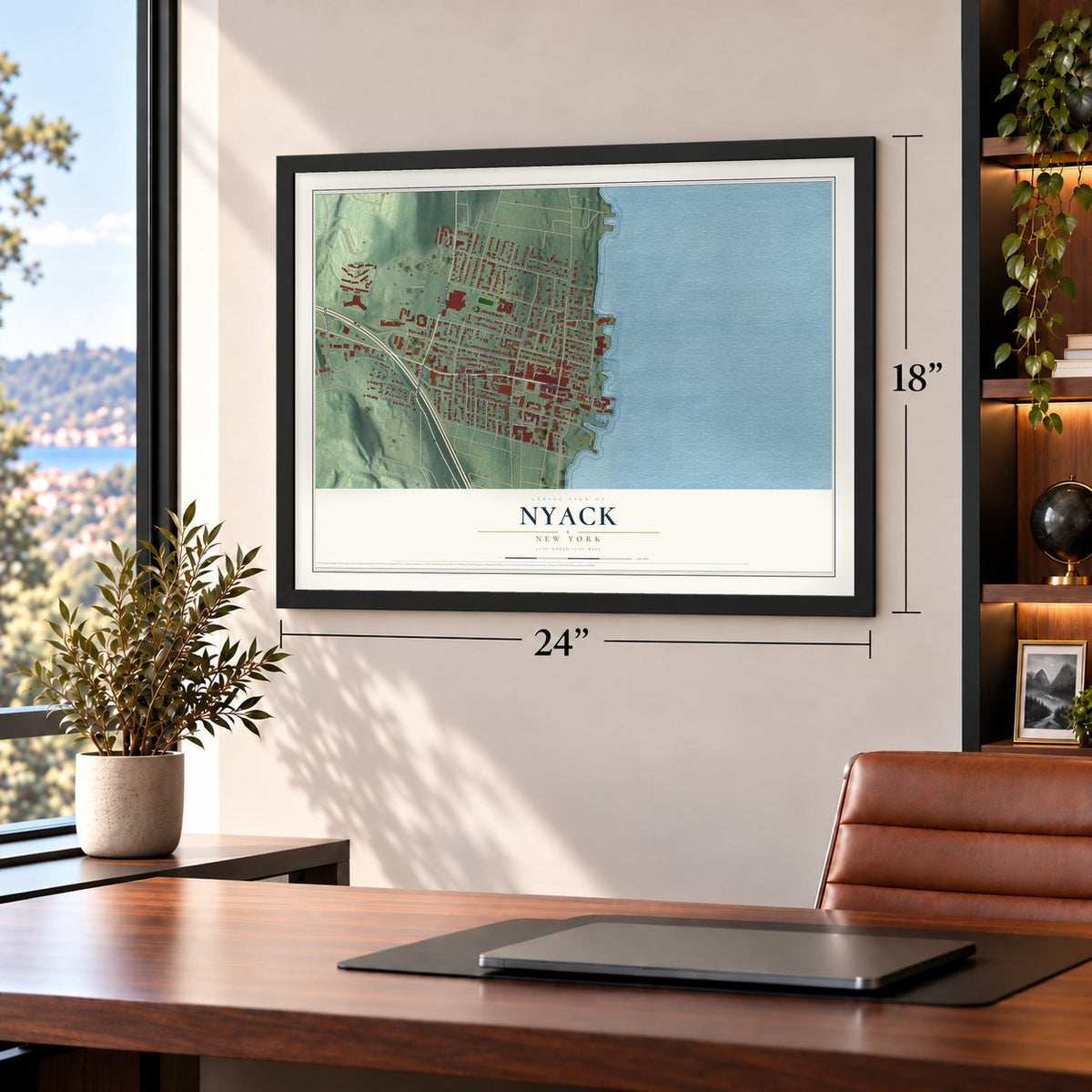 Nyack, New York map, 18 x 24 inch print in a black frame in a home office