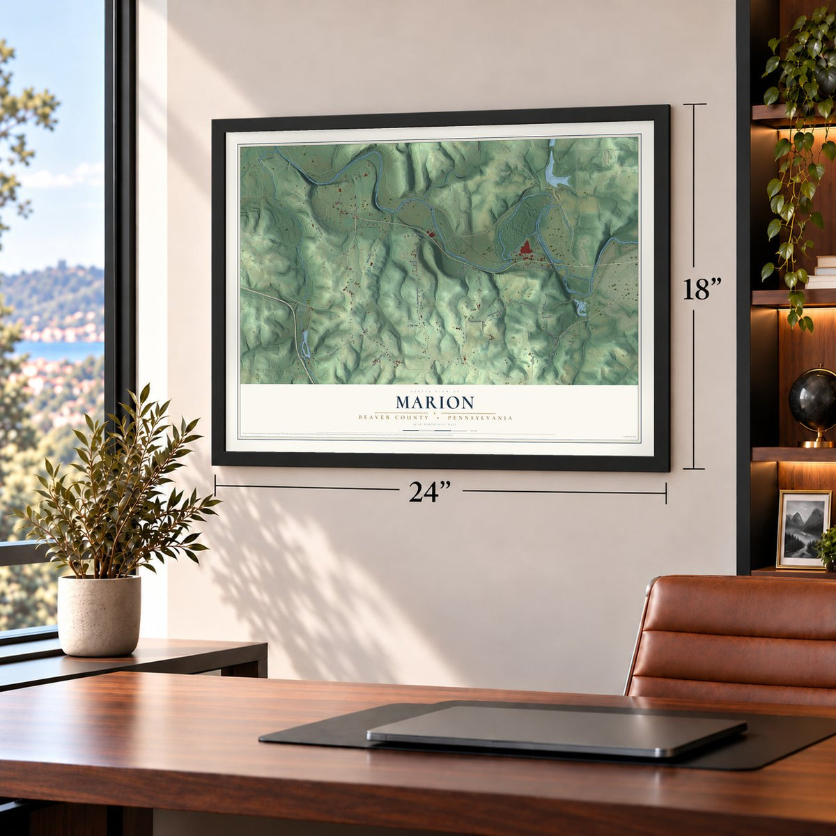 Marion, Beaver County, Pennsylvania map, 18 x 24 inch print in a black frame in a home office