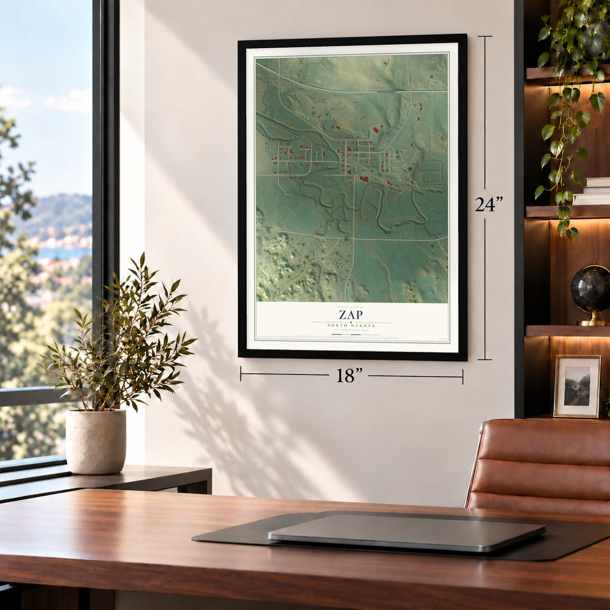 Zap, North Dakota map, 18 x 24 inch print in a black frame in a home office