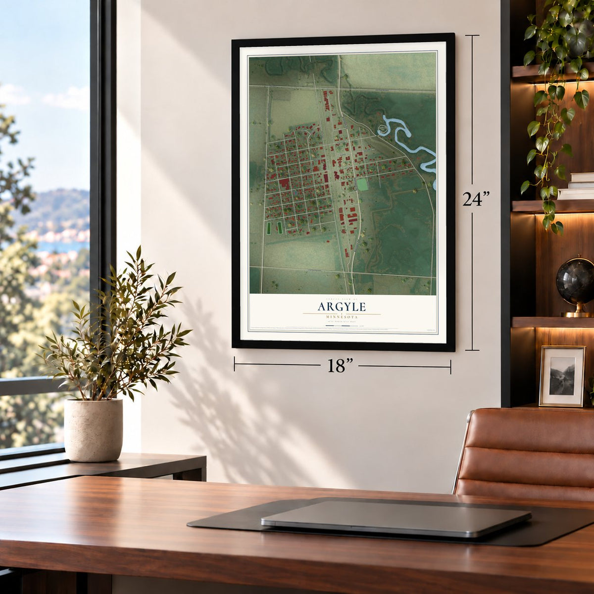 Argyle, Minnesota map, 18 x 24 inch print in a black frame in a home office