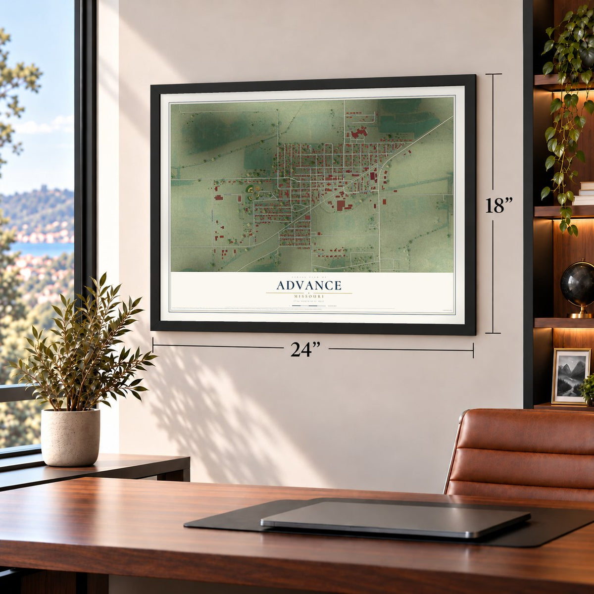 Advance, Missouri map, 18 x 24 inch print in a black frame in a home office