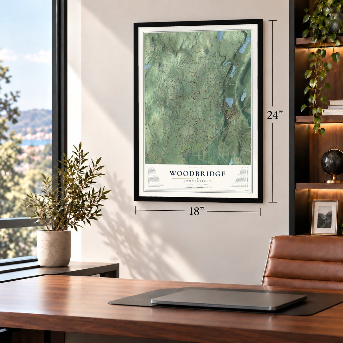 Woodbridge, Connecticut map, 18 x 24 inch print in a black frame in a home office