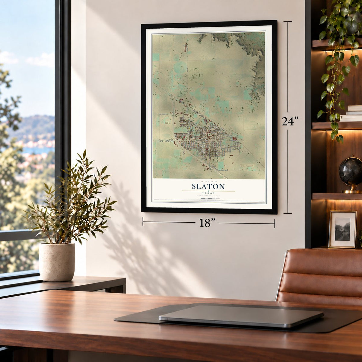 Slaton, Texas map, 18 x 24 inch print in a black frame in a home office