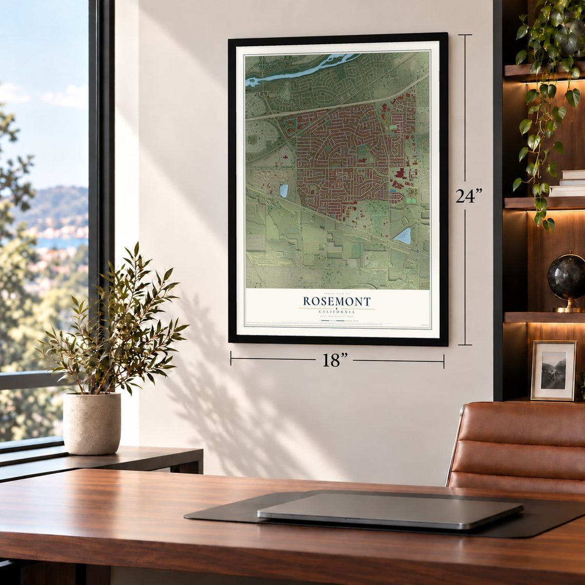 Rosemont, California map, 18 x 24 inch print in a black frame in a home office