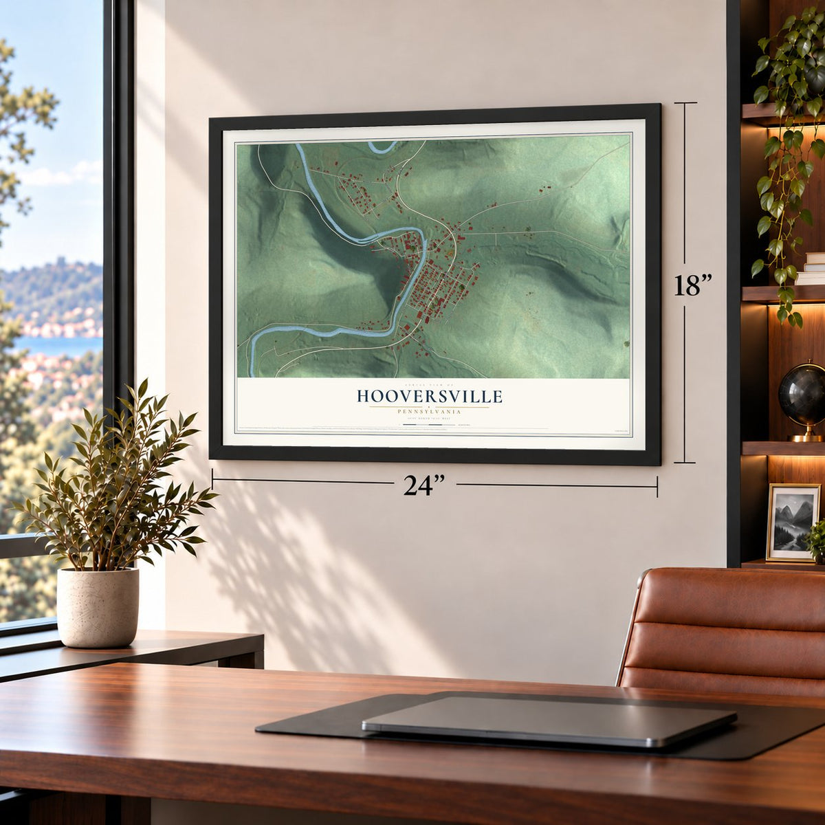 Hooversville, Pennsylvania map, 18 x 24 inch print in a black frame in a home office