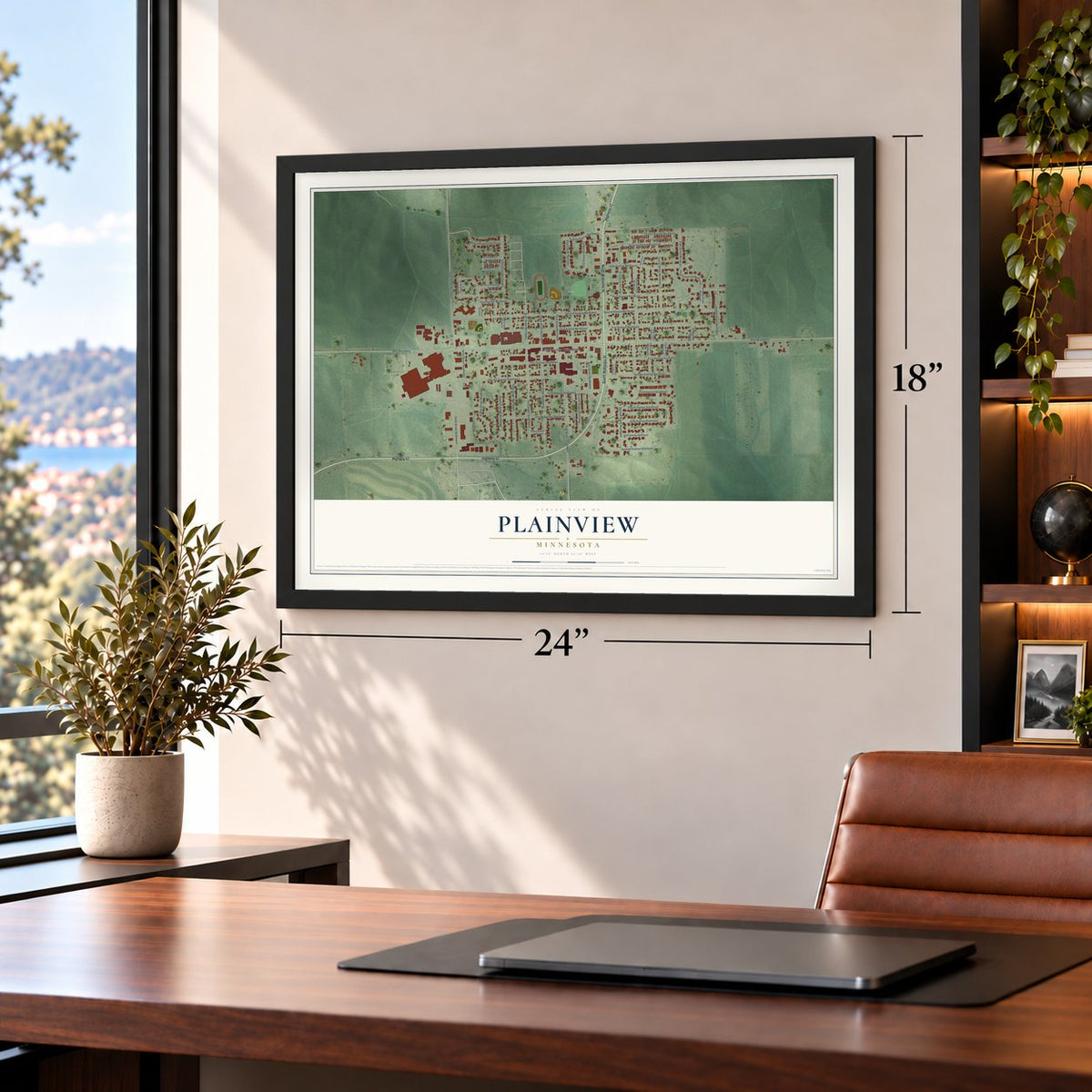 Plainview, Minnesota map, 18 x 24 inch print in a black frame in a home office
