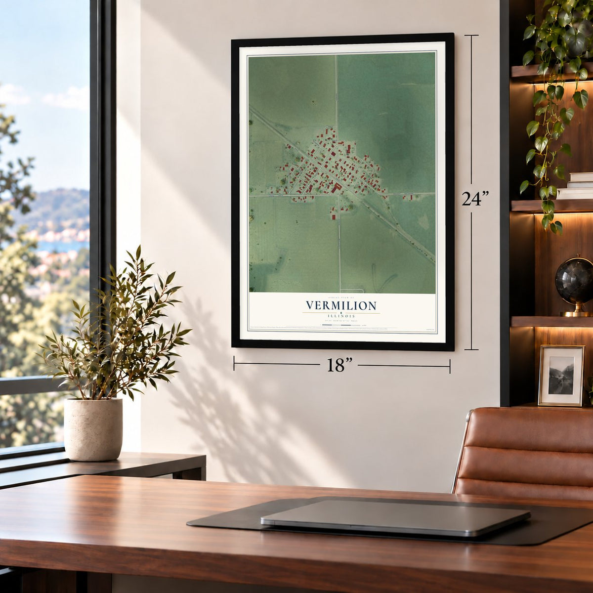 Vermilion, Illinois map, 18 x 24 inch print in a black frame in a home office