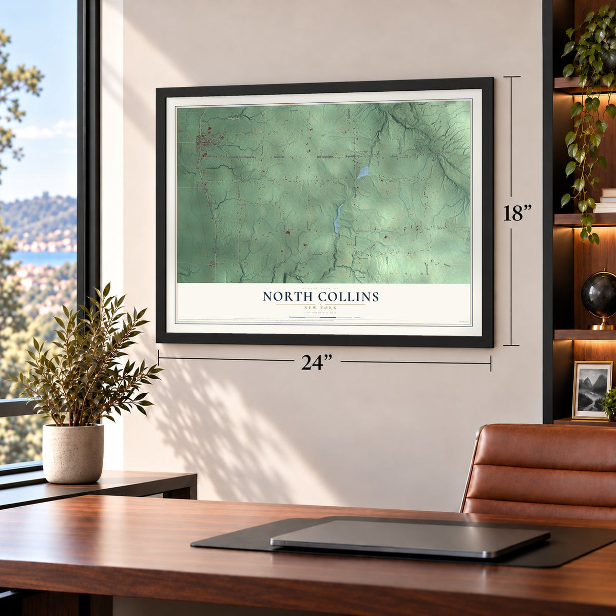 North Collins, New York map, 18 x 24 inch print in a black frame in a home office