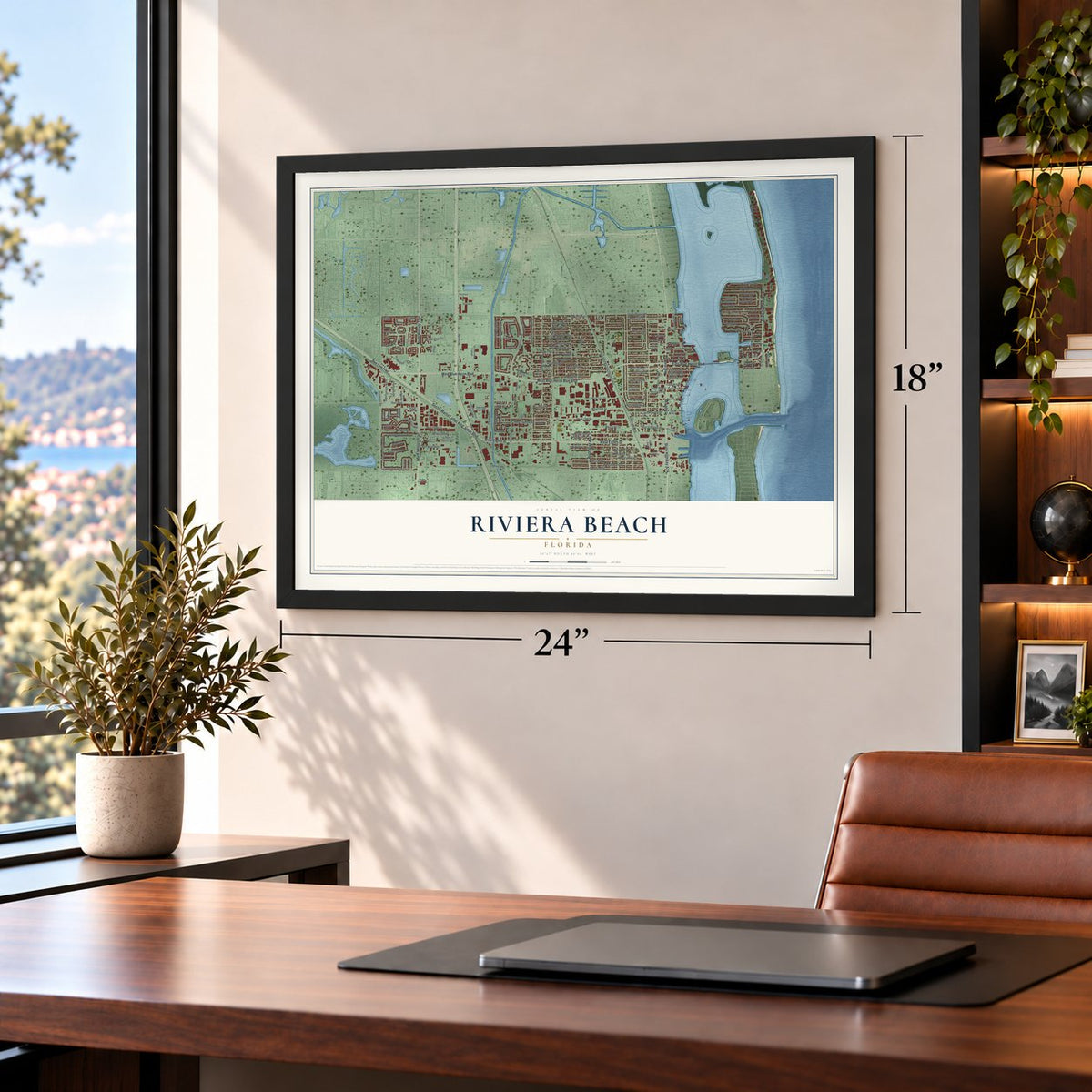 Riviera Beach, Florida map, 18 x 24 inch print in a black frame in a home office