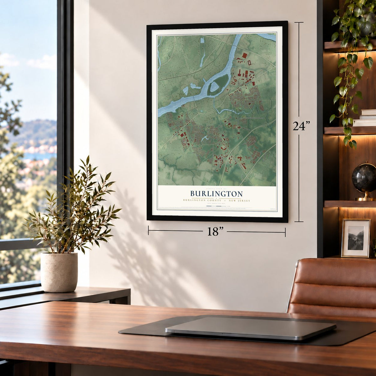 Burlington, Burlington County, New Jersey map, 18 x 24 inch print in a black frame in a home office