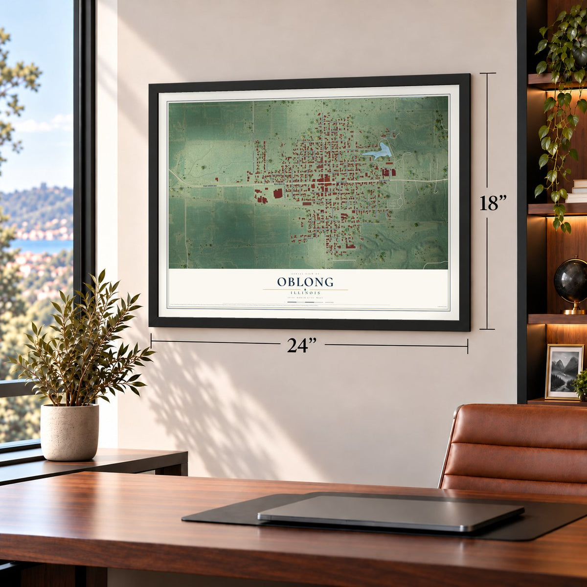 Oblong, Illinois map, 18 x 24 inch print in a black frame in a home office