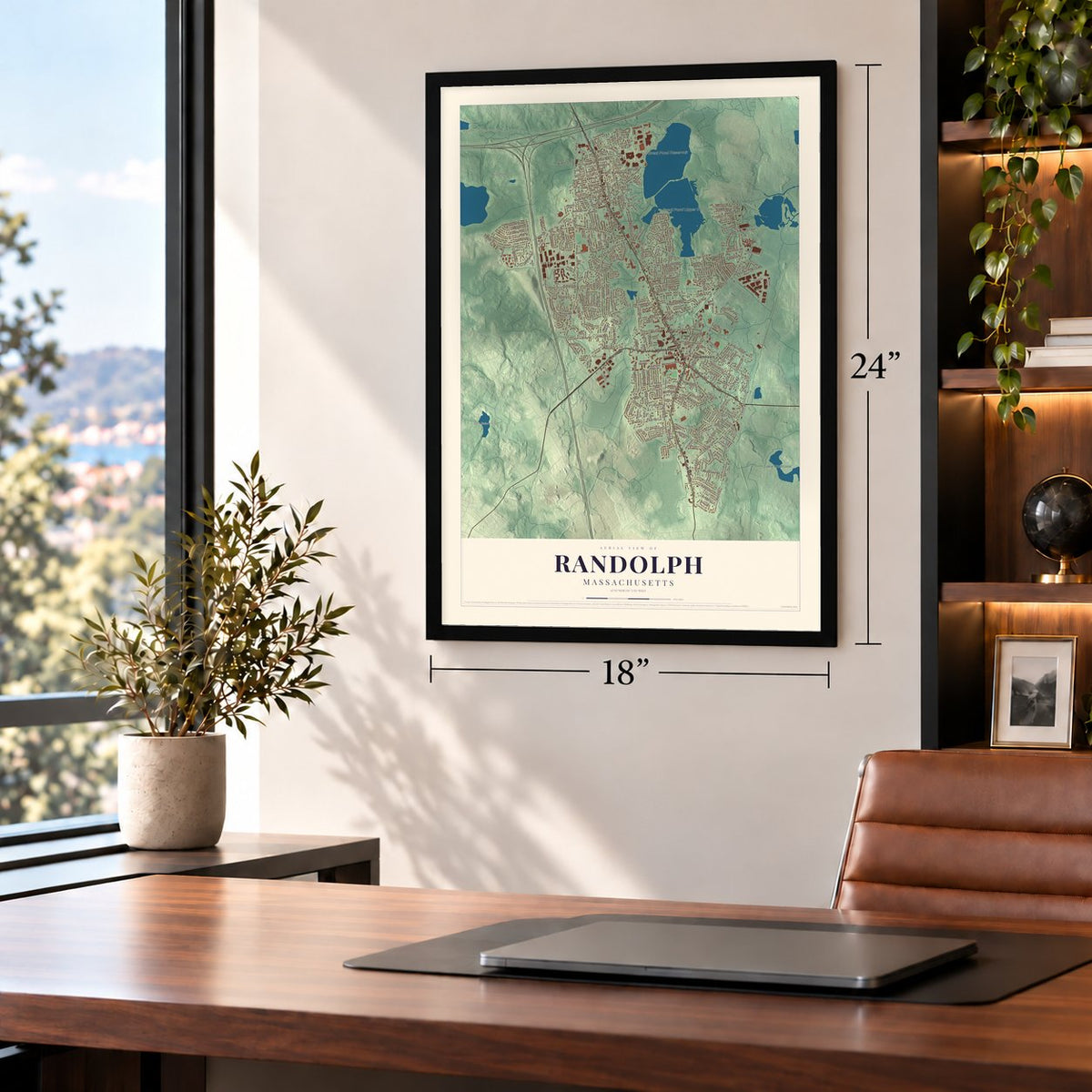Randolph, Massachusetts map, 18 x 24 inch print in a black frame in a home office