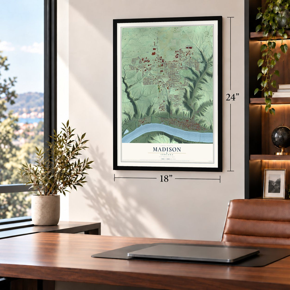 Madison, Indiana map, 18 x 24 inch print in a black frame in a home office