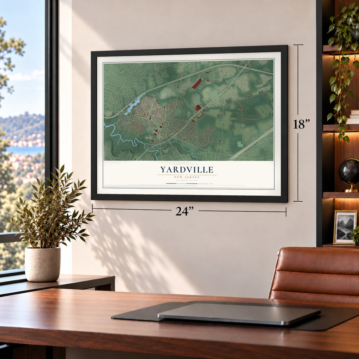 Yardville, New Jersey map, 18 x 24 inch print in a black frame in a home office