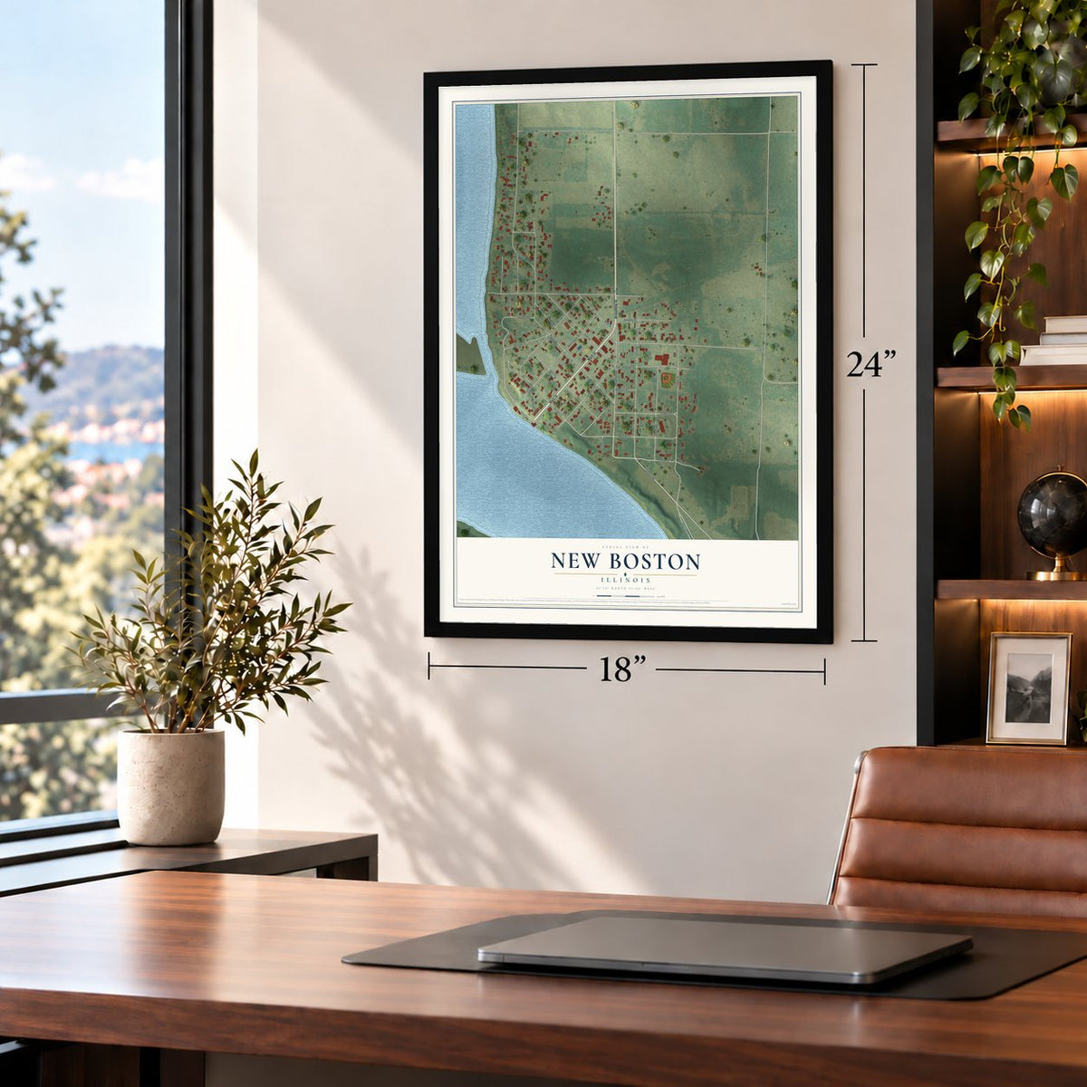 New Boston, Illinois map, 18 x 24 inch print in a black frame in a home office