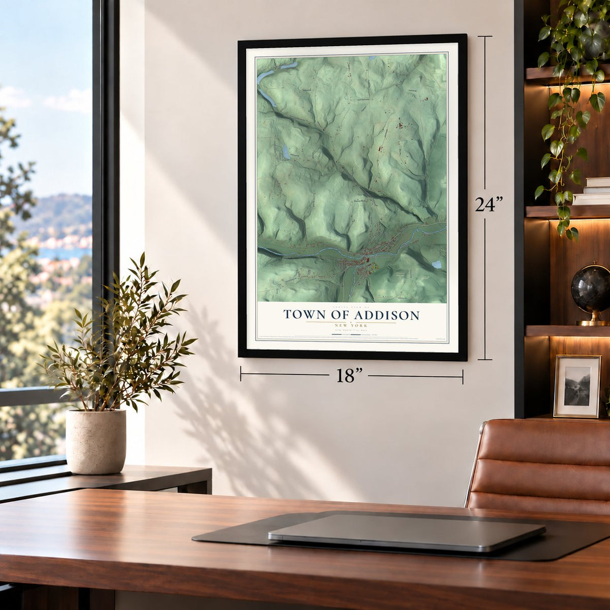 Town of Addison, New York map, 18 x 24 inch print in a black frame in a home office