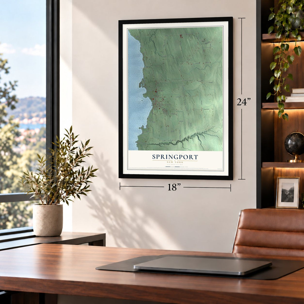 Springport, New York map, 18 x 24 inch print in a black frame in a home office