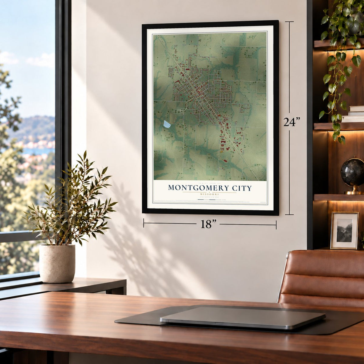 Montgomery City, Missouri map, 18 x 24 inch print in a black frame in a home office