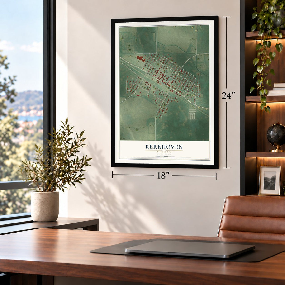 Kerkhoven, Minnesota map, 18 x 24 inch print in a black frame in a home office