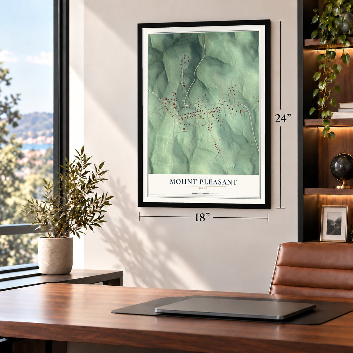 Mount Pleasant, Ohio map, 18 x 24 inch print in a black frame in a home office