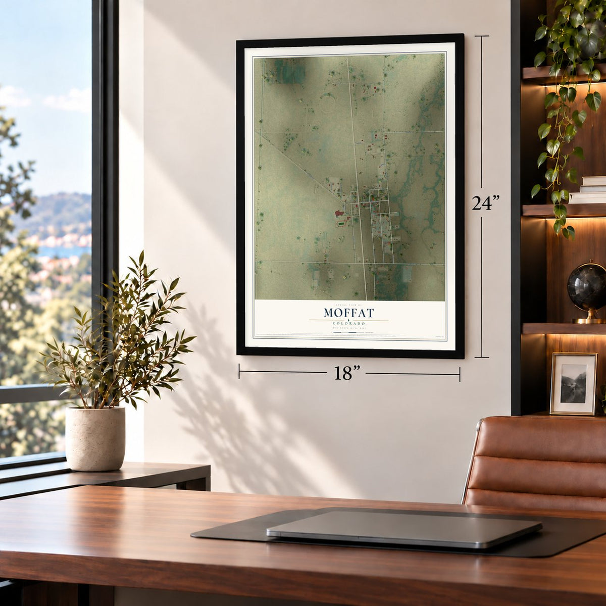 Moffat, Colorado map, 18 x 24 inch print in a black frame in a home office