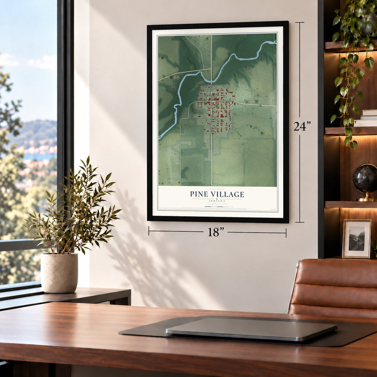 Pine Village, Indiana map, 18 x 24 inch print in a black frame in a home office