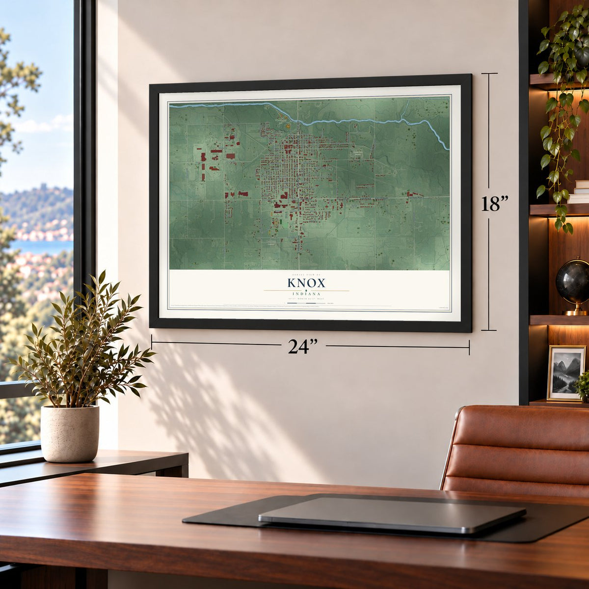 Knox, Indiana map, 18 x 24 inch print in a black frame in a home office