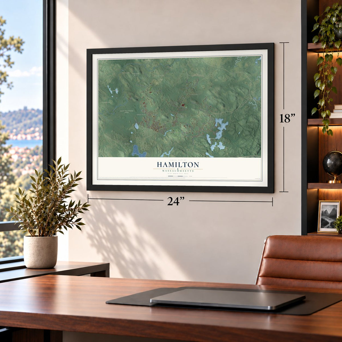 Hamilton, Massachusetts map, 18 x 24 inch print in a black frame in a home office