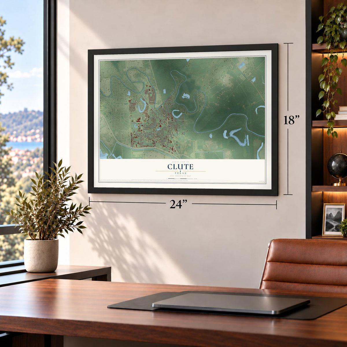 Clute, Texas map, 18 x 24 inch print in a black frame in a home office