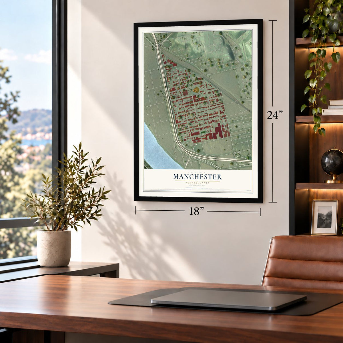 Manchester, Pennsylvania map, 18 x 24 inch print in a black frame in a home office