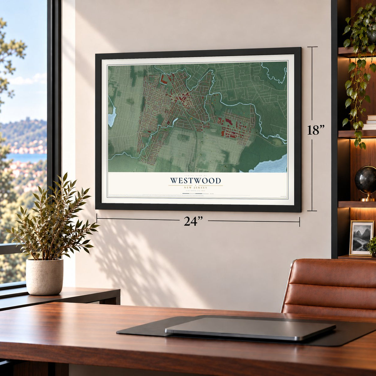 Westwood, New Jersey map, 18 x 24 inch print in a black frame in a home office