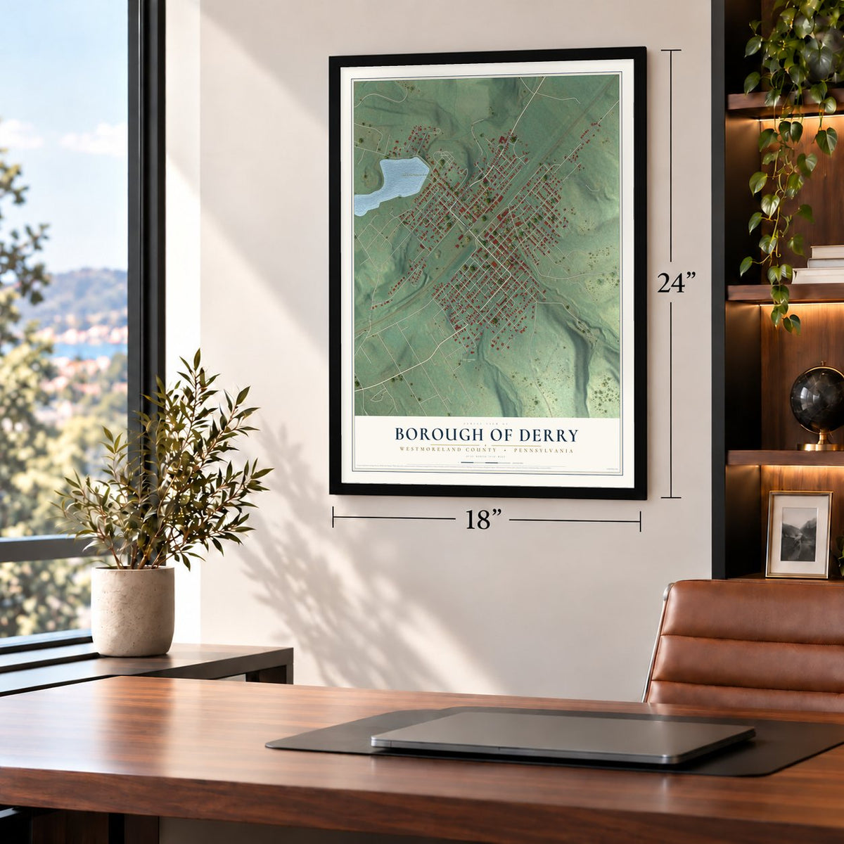 Borough of Derry, Westmoreland County, Pennsylvania map, 18 x 24 inch print in a black frame in a home office