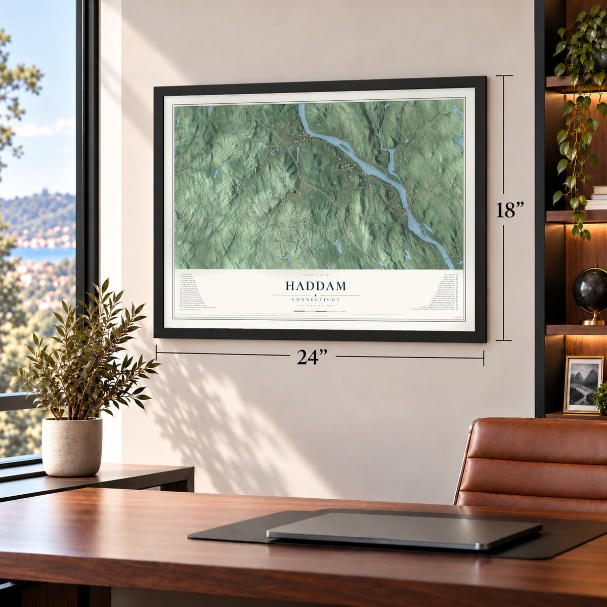 Haddam, Connecticut map, 18 x 24 inch print in a black frame in a home office