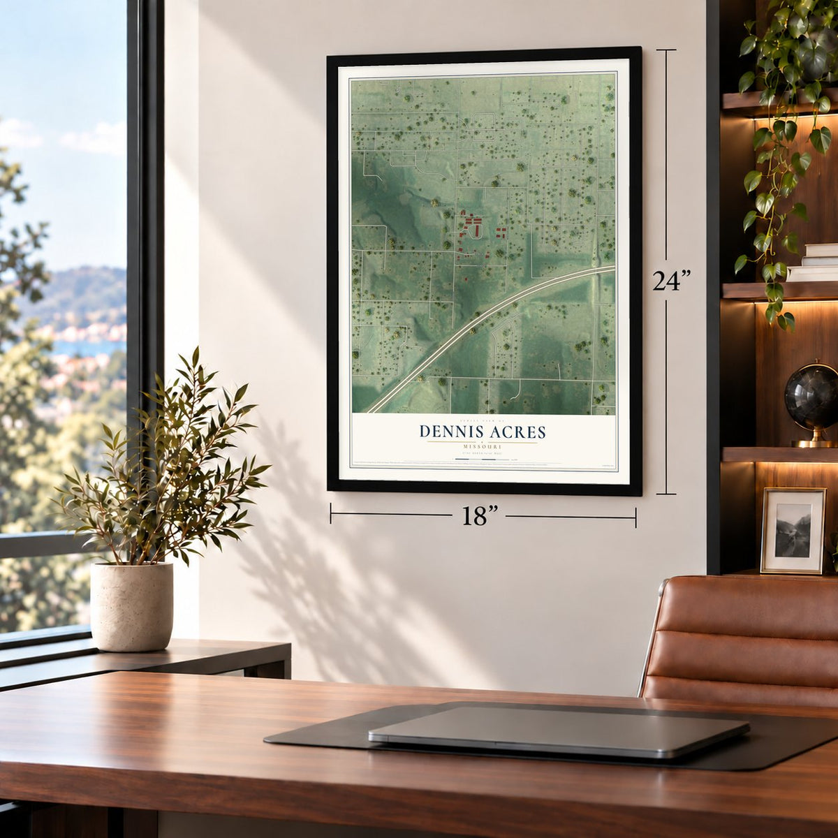 Dennis Acres, Missouri map, 18 x 24 inch print in a black frame in a home office