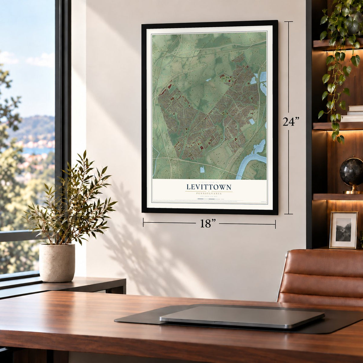 Levittown, Pennsylvania map, 18 x 24 inch print in a black frame in a home office
