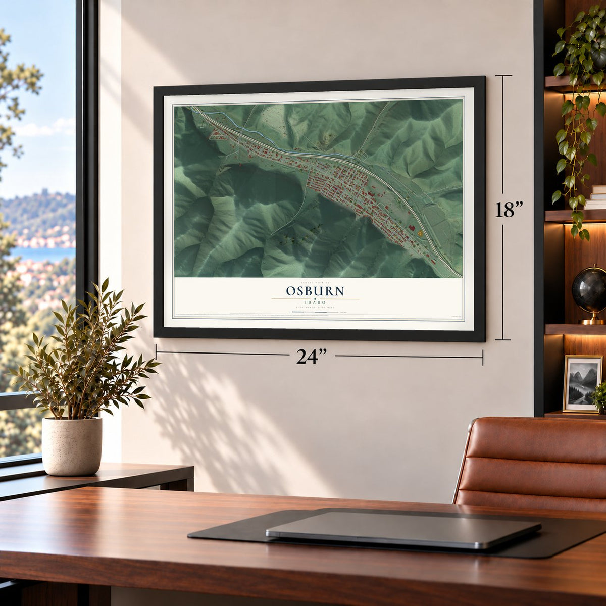 Osburn, Idaho map, 18 x 24 inch print in a black frame in a home office
