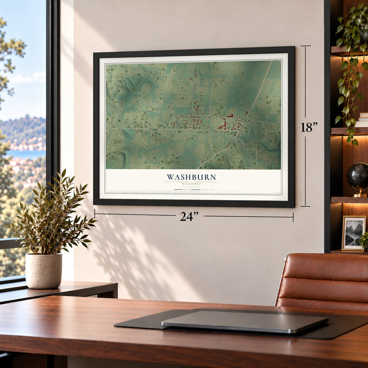 Washburn, Missouri map, 18 x 24 inch print in a black frame in a home office