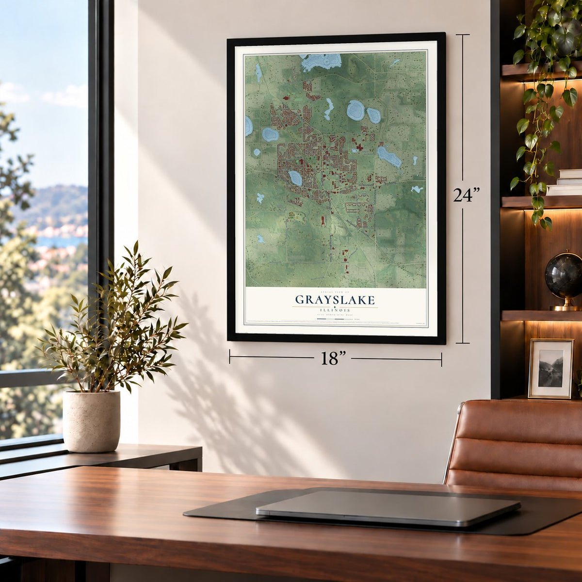 Grayslake, Illinois map, 18 x 24 inch print in a black frame in a home office