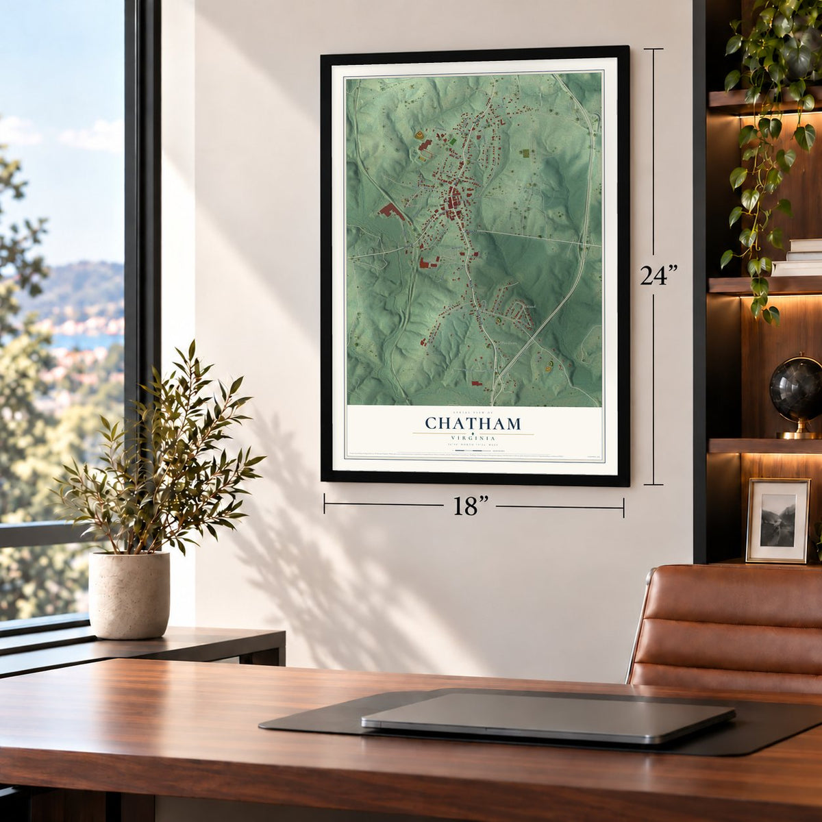 Chatham, Virginia map, 18 x 24 inch print in a black frame in a home office
