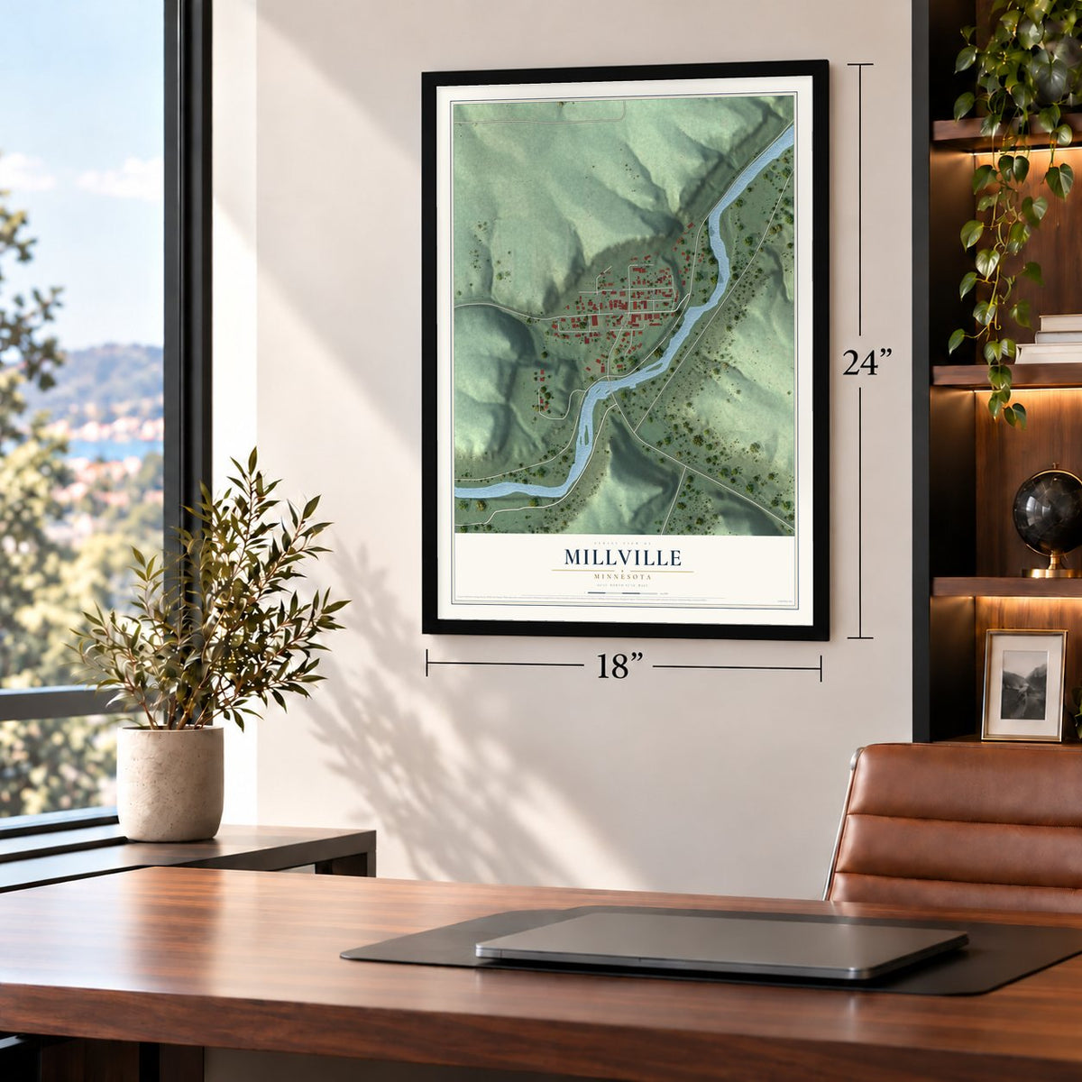 Millville, Minnesota map, 18 x 24 inch print in a black frame in a home office