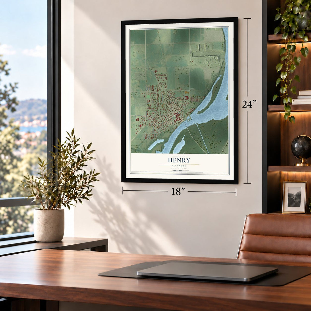 Henry, Illinois map, 18 x 24 inch print in a black frame in a home office