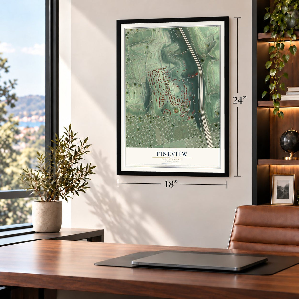 Fineview, Pennsylvania map, 18 x 24 inch print in a black frame in a home office
