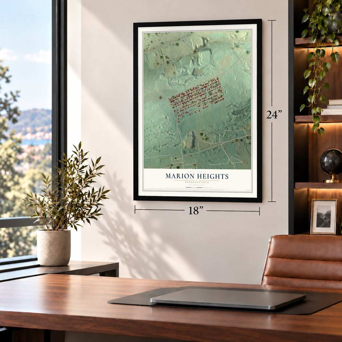 Marion Heights, Pennsylvania map, 18 x 24 inch print in a black frame in a home office
