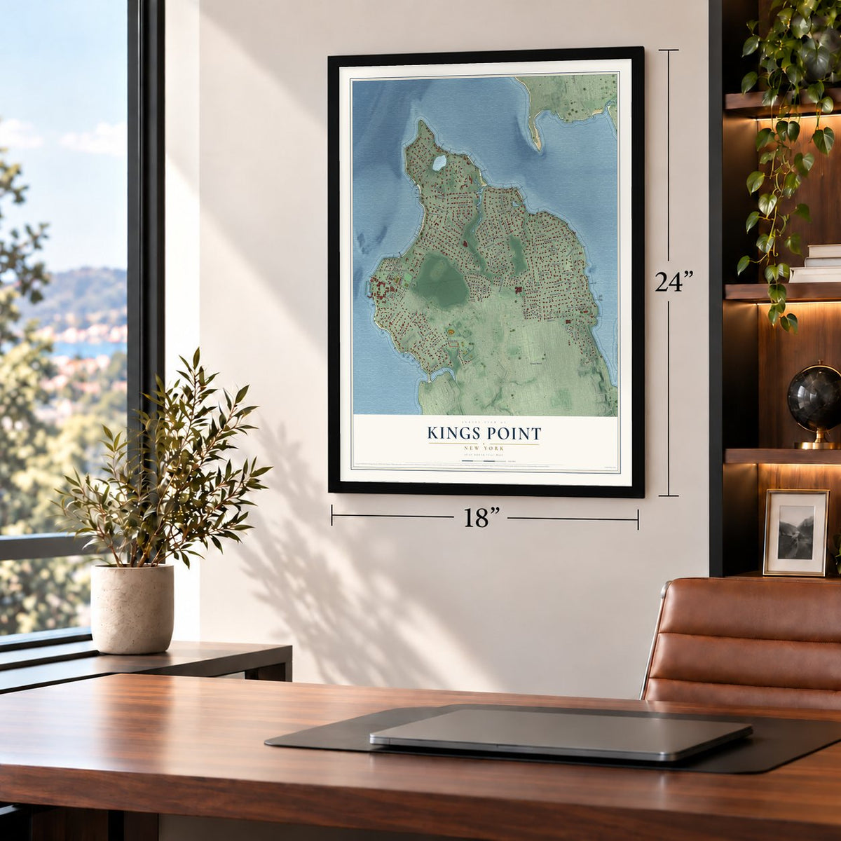 Kings Point, New York map, 18 x 24 inch print in a black frame in a home office