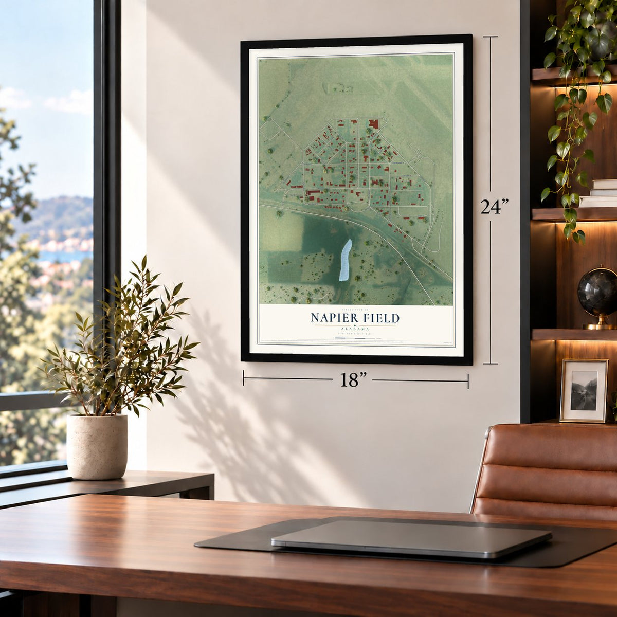 Napier Field, Alabama map, 18 x 24 inch print in a black frame in a home office