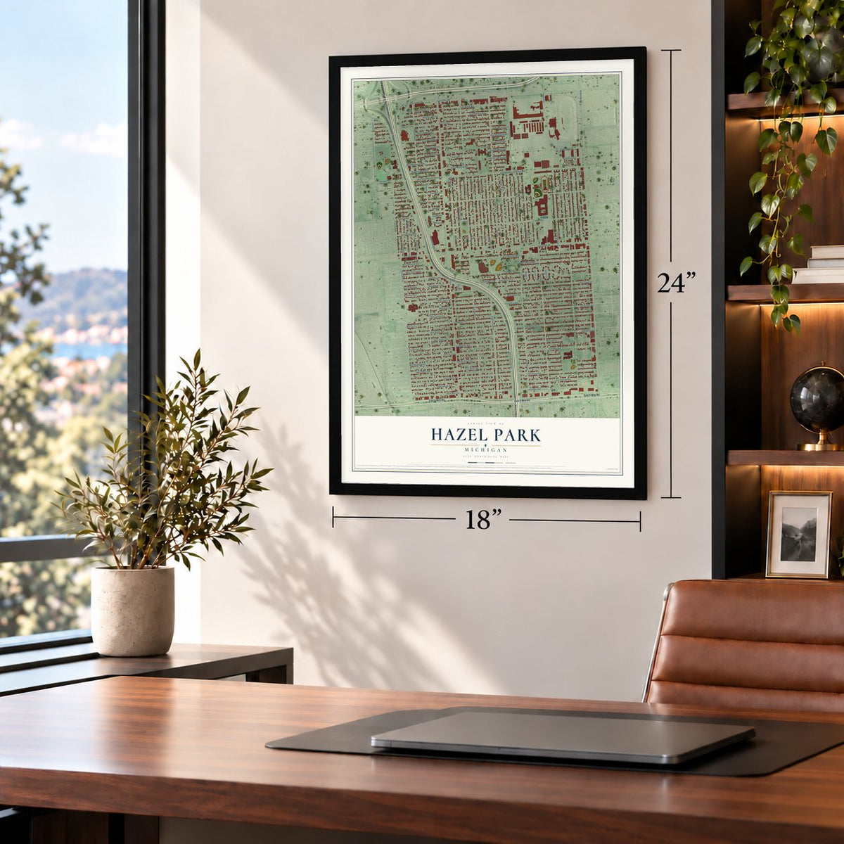 Hazel Park, Michigan map, 18 x 24 inch print in a black frame in a home office