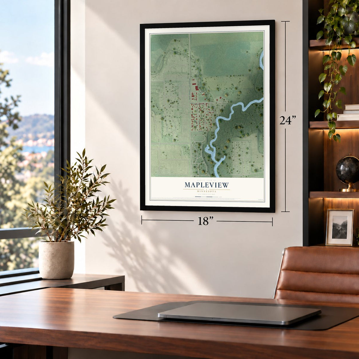 Mapleview, Minnesota map, 18 x 24 inch print in a black frame in a home office