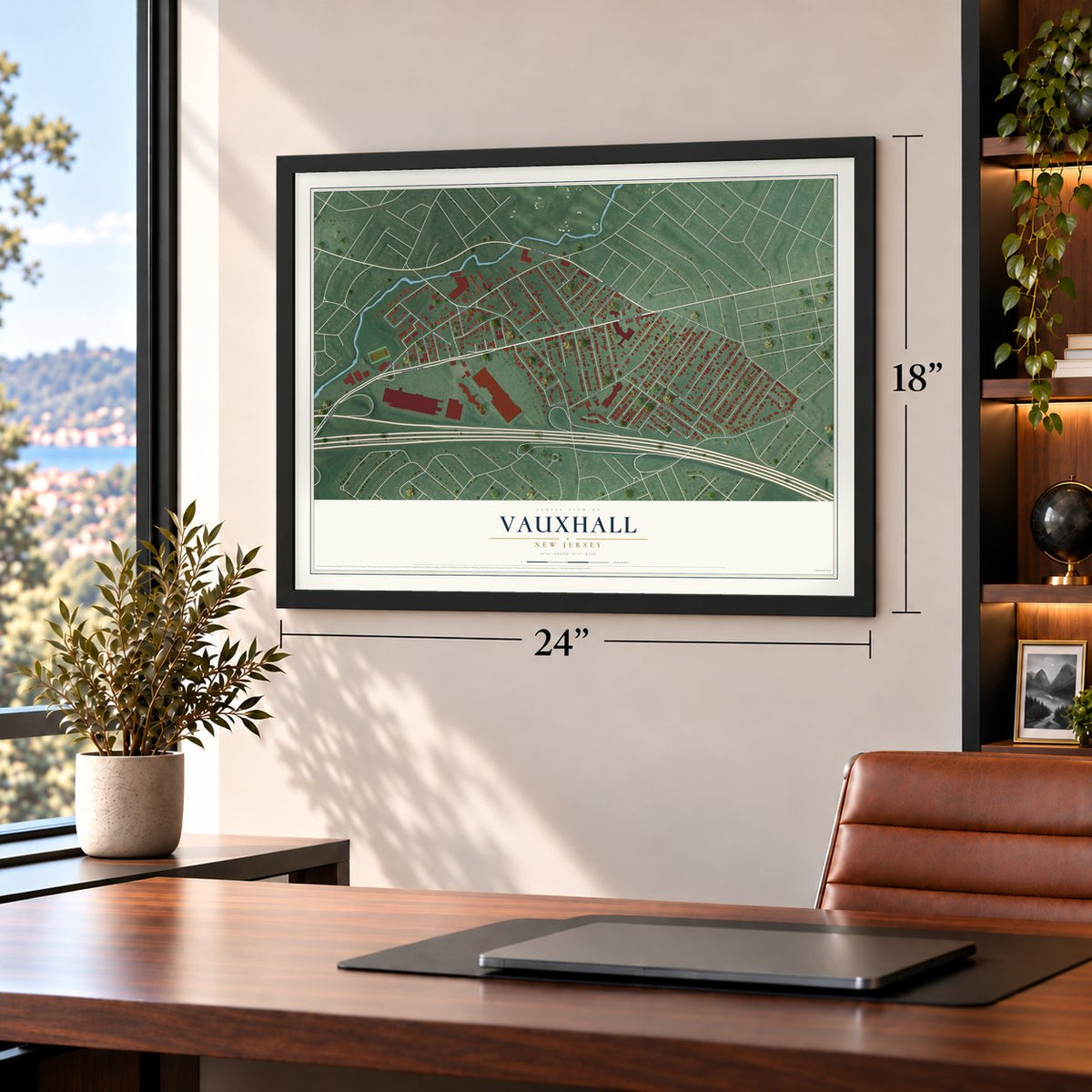 Vauxhall, New Jersey map, 18 x 24 inch print in a black frame in a home office